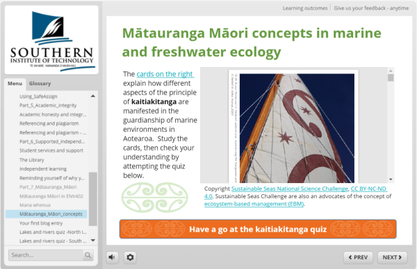 A screenshot of the Mātauranga Māori concepts in marine and freshwater ecology module for ENV402 